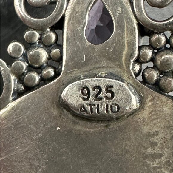 Sterling Silver Pendant Carved Goddess Face Purple Rhinestone Filigree Statement - Picture 7 of 9